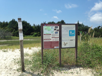 The trail signs located on Town Marsh, Rachel Carson Reserve.