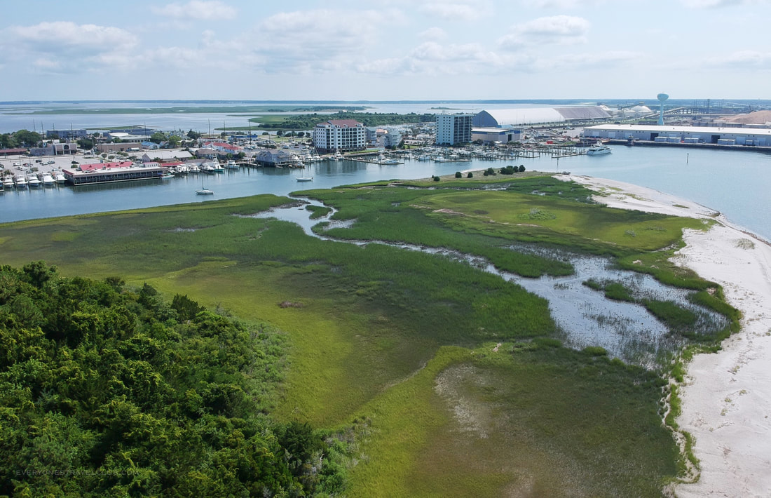 A drone picture of Sugarloaf Island and downtown Morehead City
