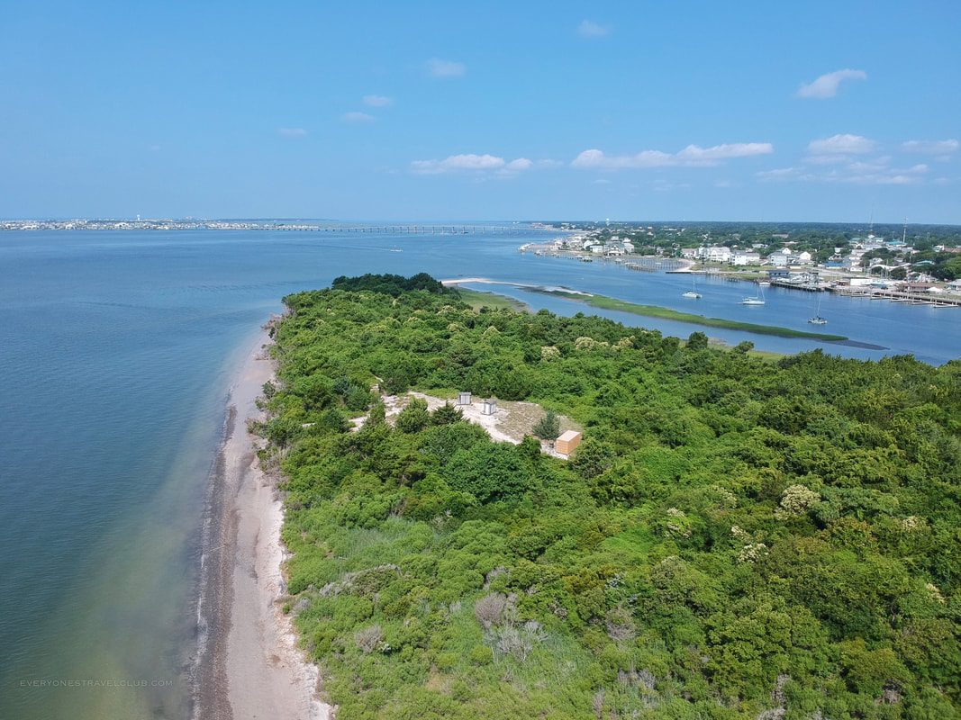 A drone aerial view of the Crystal Coast's Sugarloaf Island