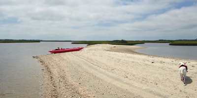 Our inflatable Innova Sunny kayak beached on a sandbar on the Crystal Coast