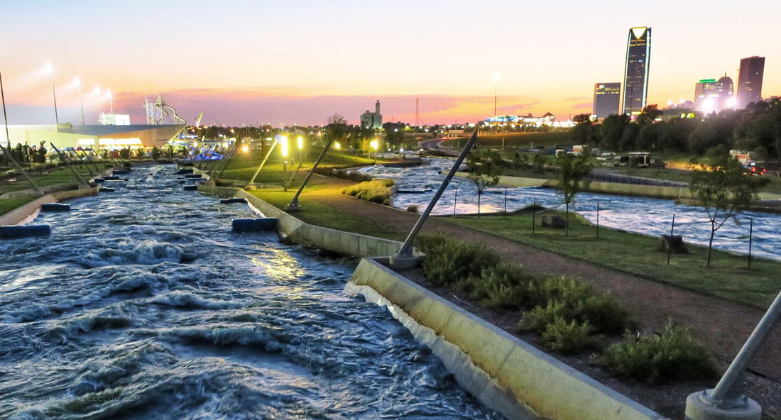 The sun setting at Riversport Rapids whitewater facility in Oklahoma City