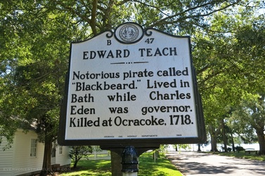 A historic sign marking Blackbeard the pirate's time in Bath, North Carolina