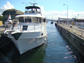 A large powerboat in the Locks in Seattle