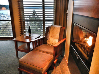 A cozy fireplace in the Friday Harbor House Inn