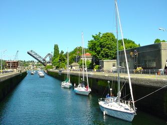Sailboats entering the Ballard Locks in Seattle