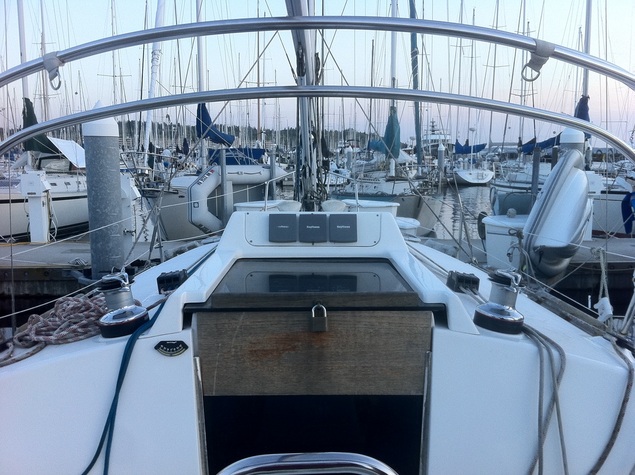 Our new Hunter 320 sailboat at her slip at the Shilshole Marina in Seattle, WA