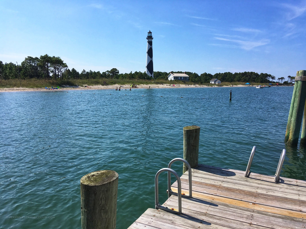 A view of the sandy beach from the lighthouse dock at Cape Lookout