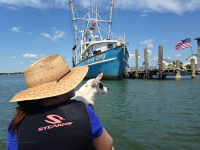 Paddling with our dog near fishing boats in Swansboro, NC