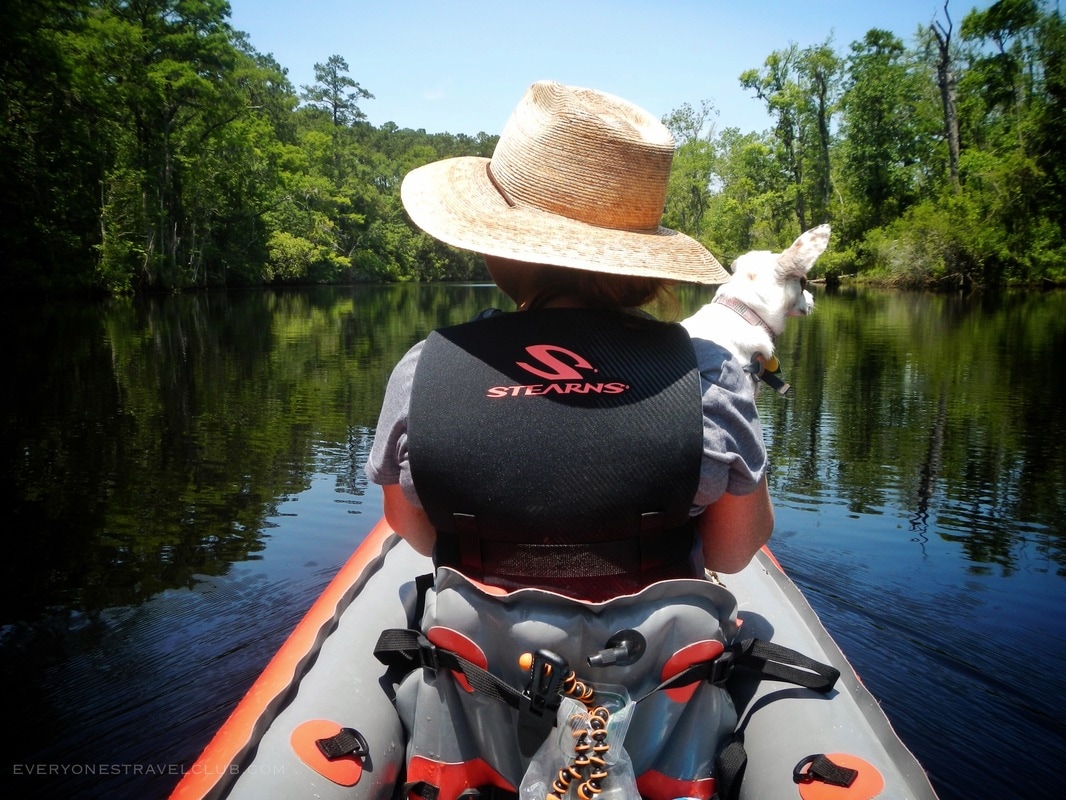 Paddling Brices Creek in our Innova inflatable kayak.